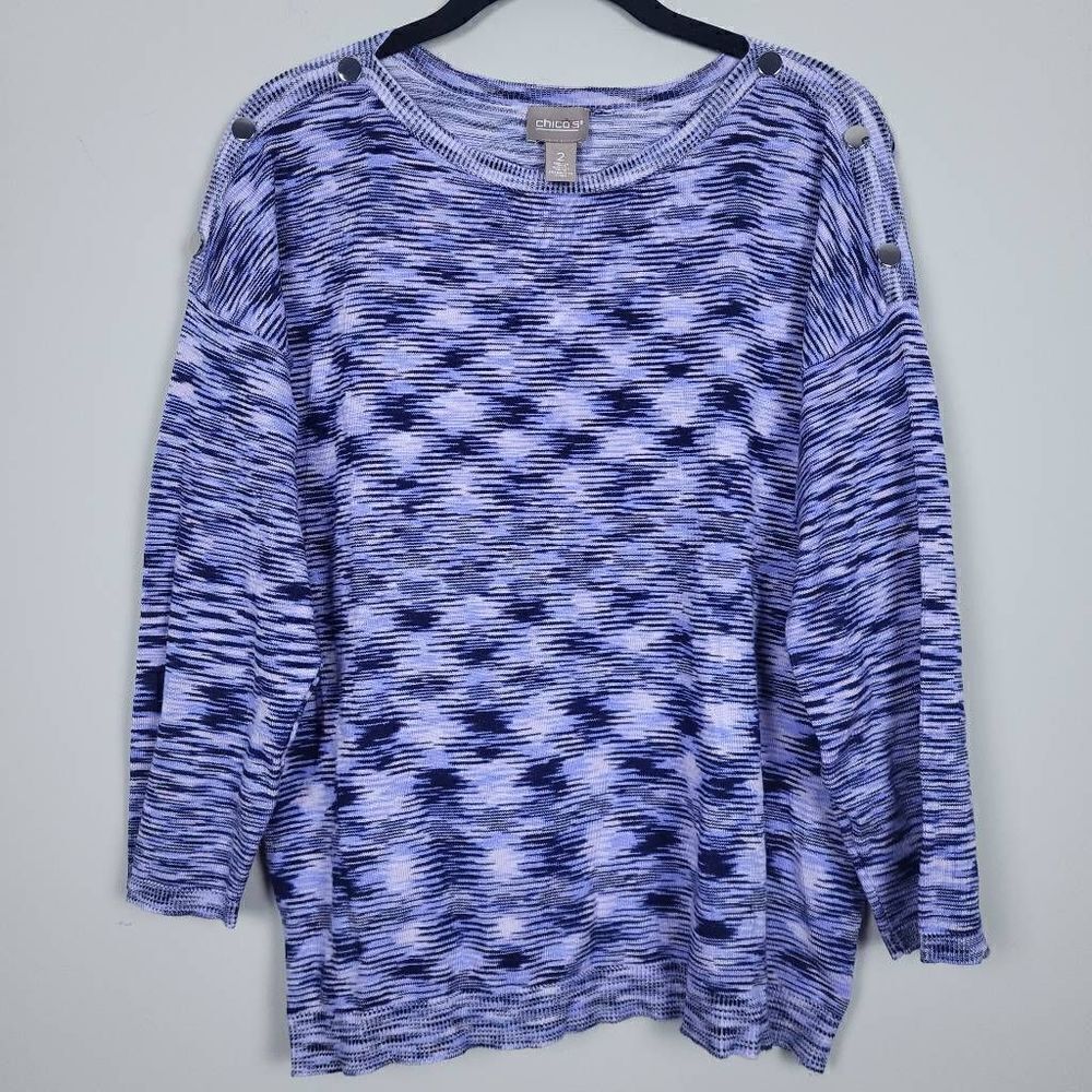 Chicos Womens Large 2 Pullover Sweater Navy Blue Marled 3/4 Sleeve Button Accent